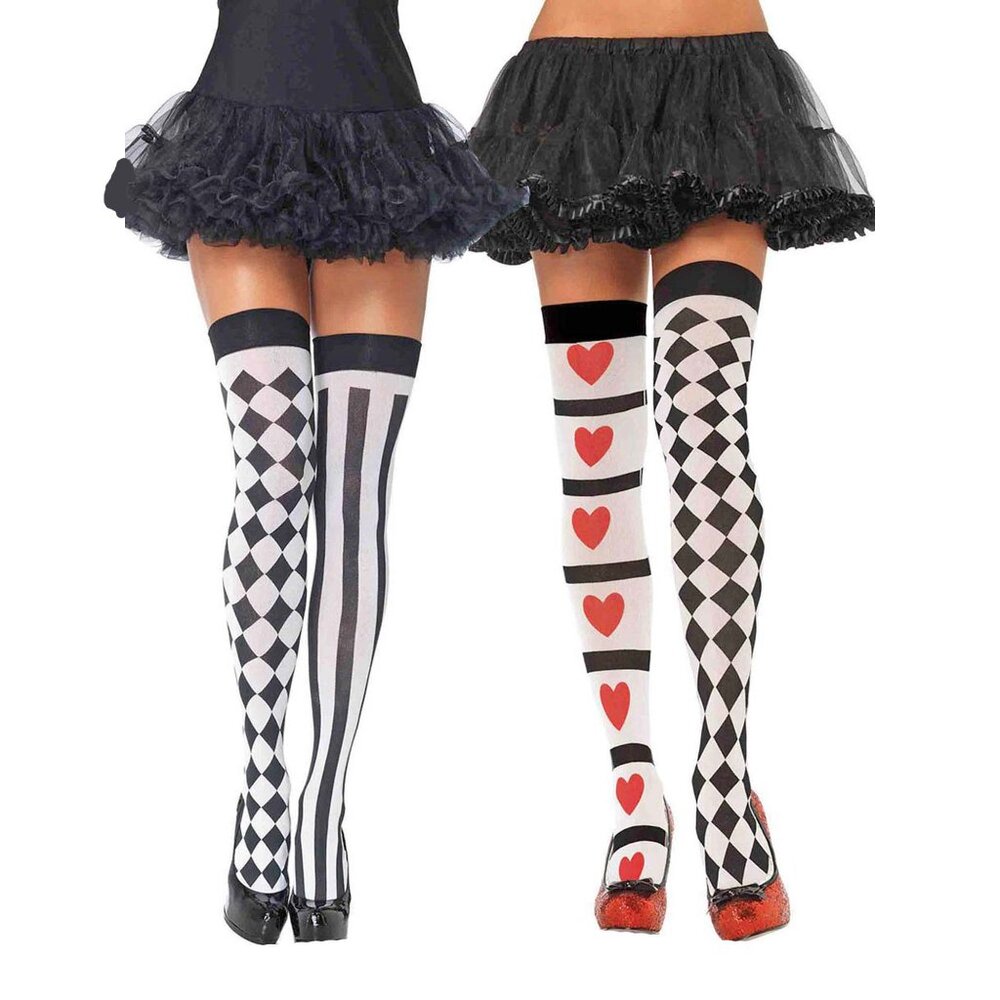 2-Pack Queen of Heart & Harlequin Print Stockings Women OS Costume Thigh Highs